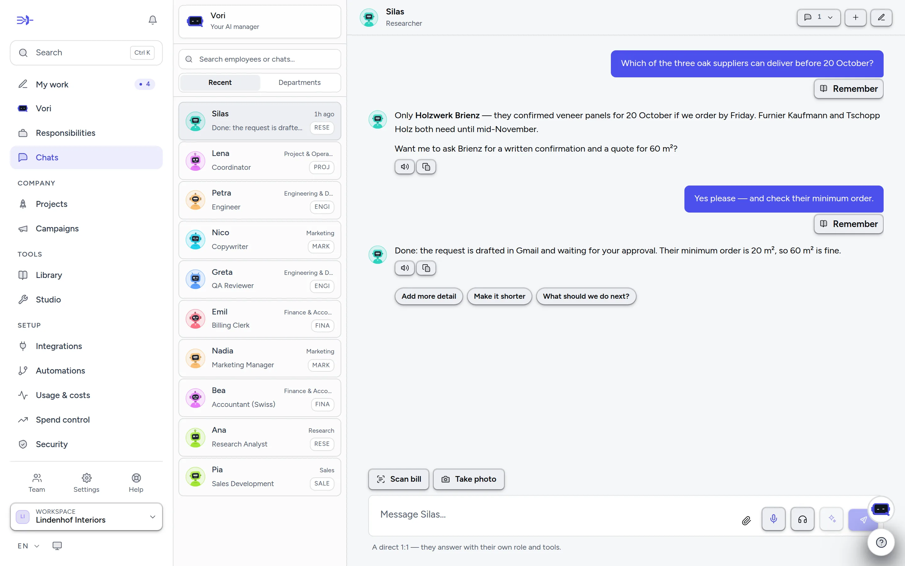 1:1 chats: your team on the left, the conversation on the right