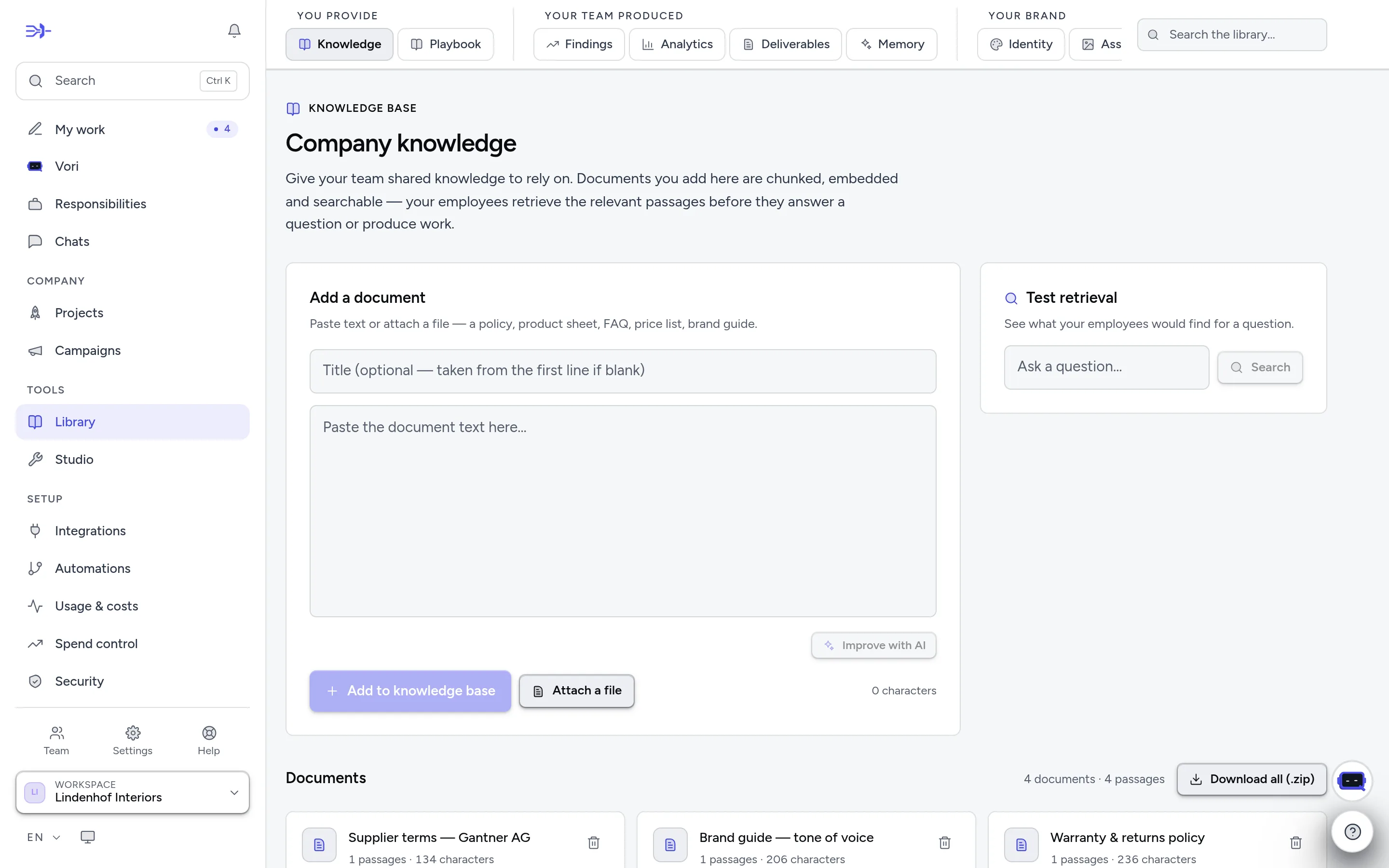 The Library's knowledge tab: paste a document once and your whole team can use it