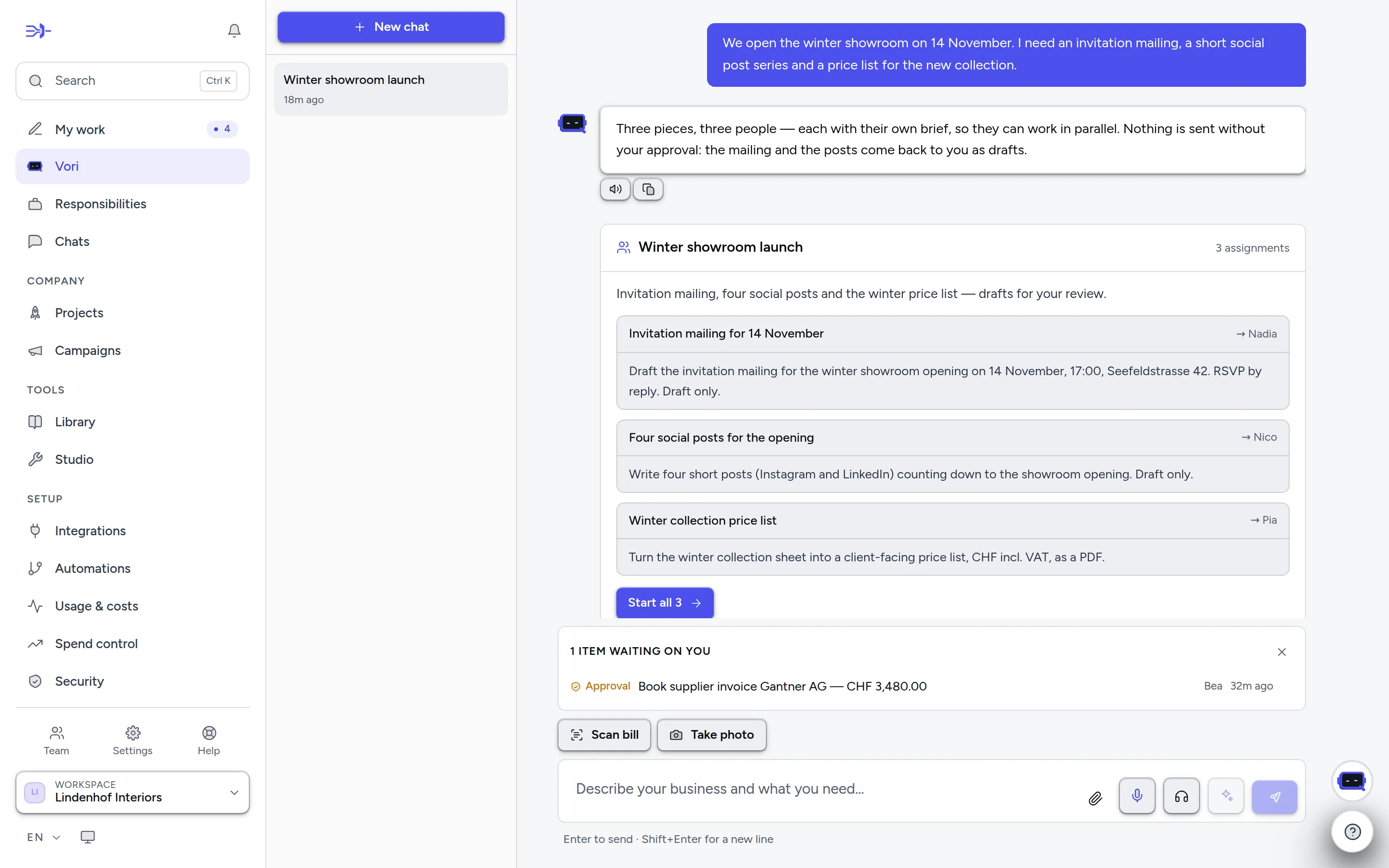 The chat with Enti: describe what you need, approve the proposal