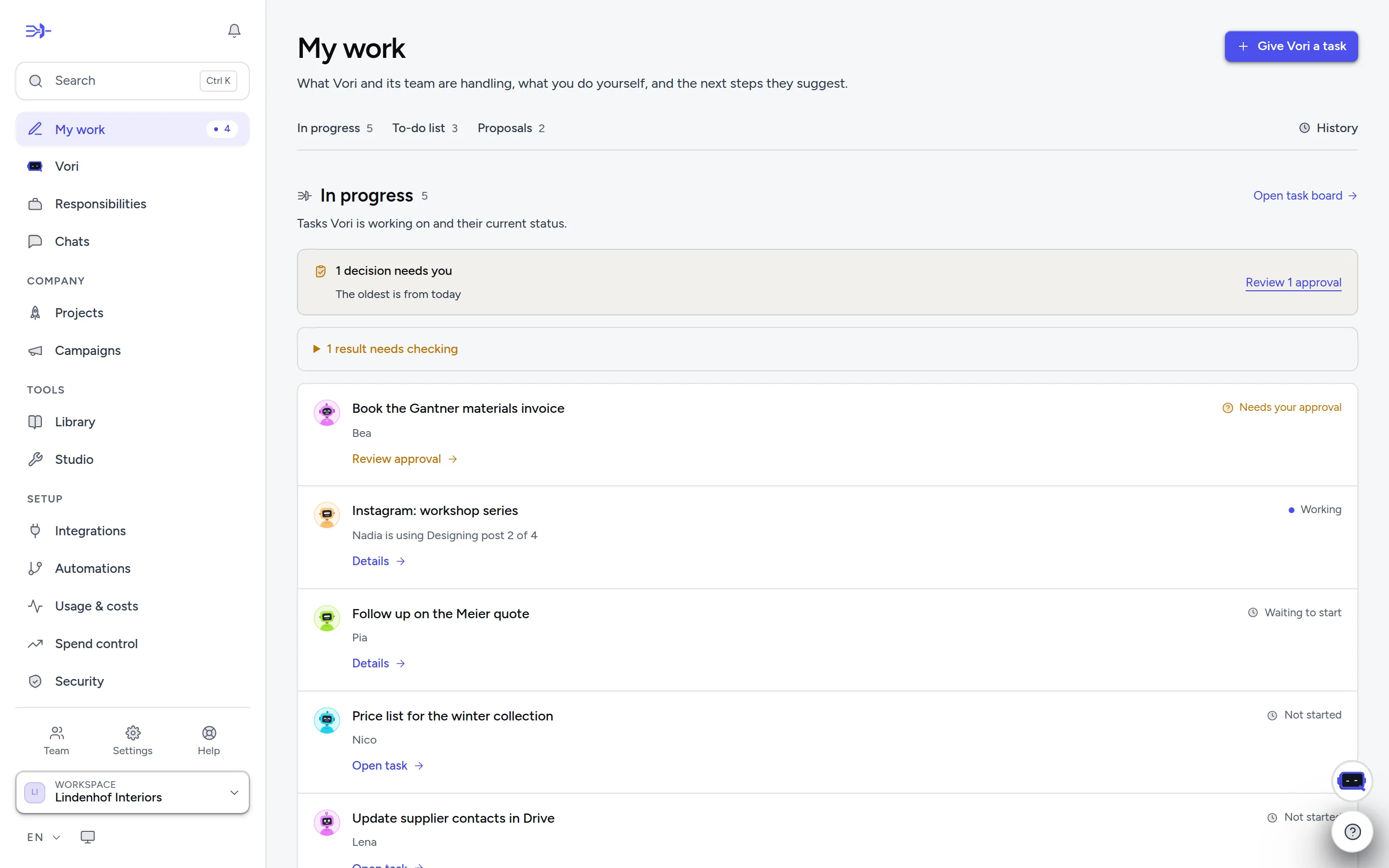 My Work: what's in progress, your to-dos and the team's proposals