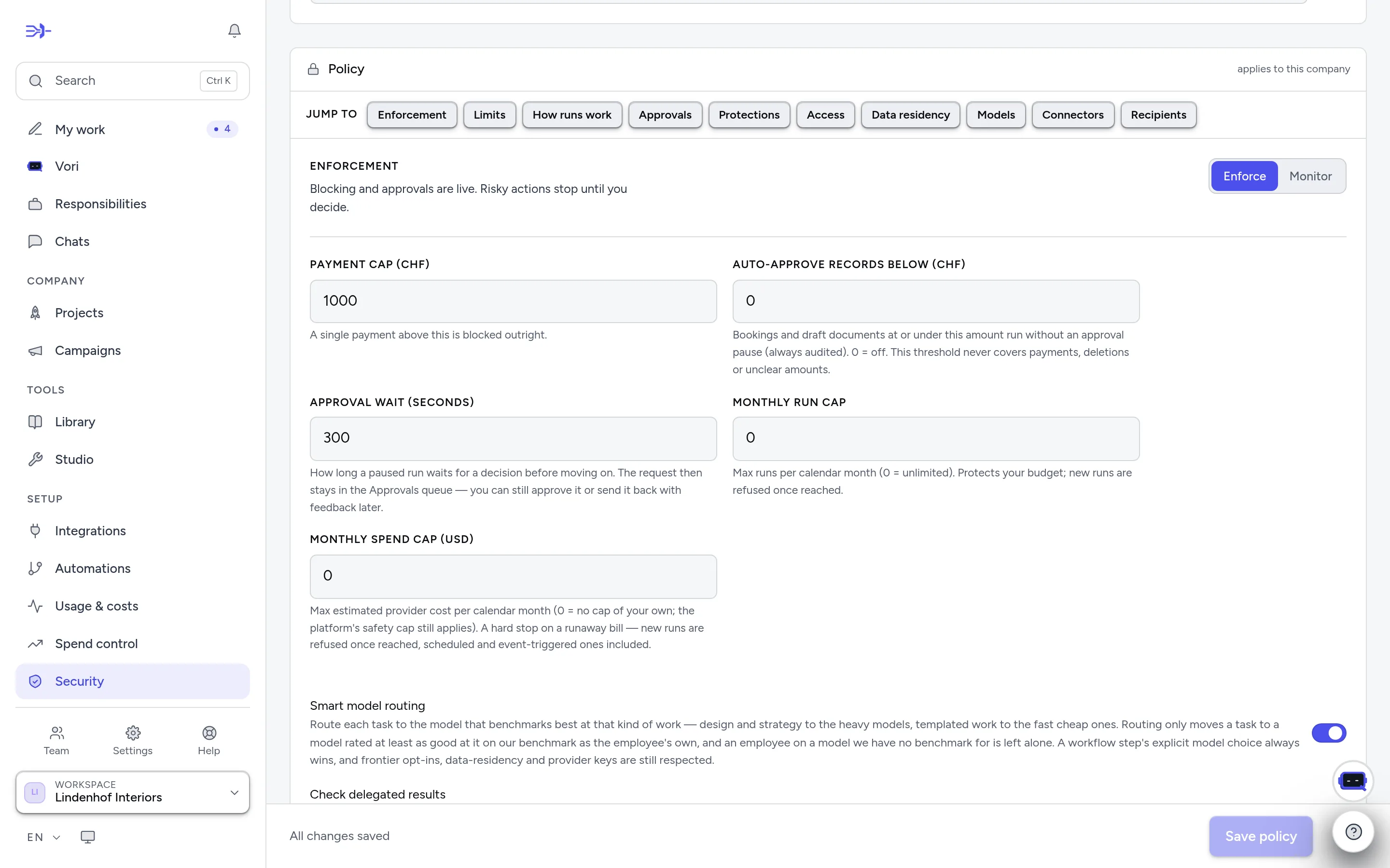 The approval policy on the Security page: enforcement and limits