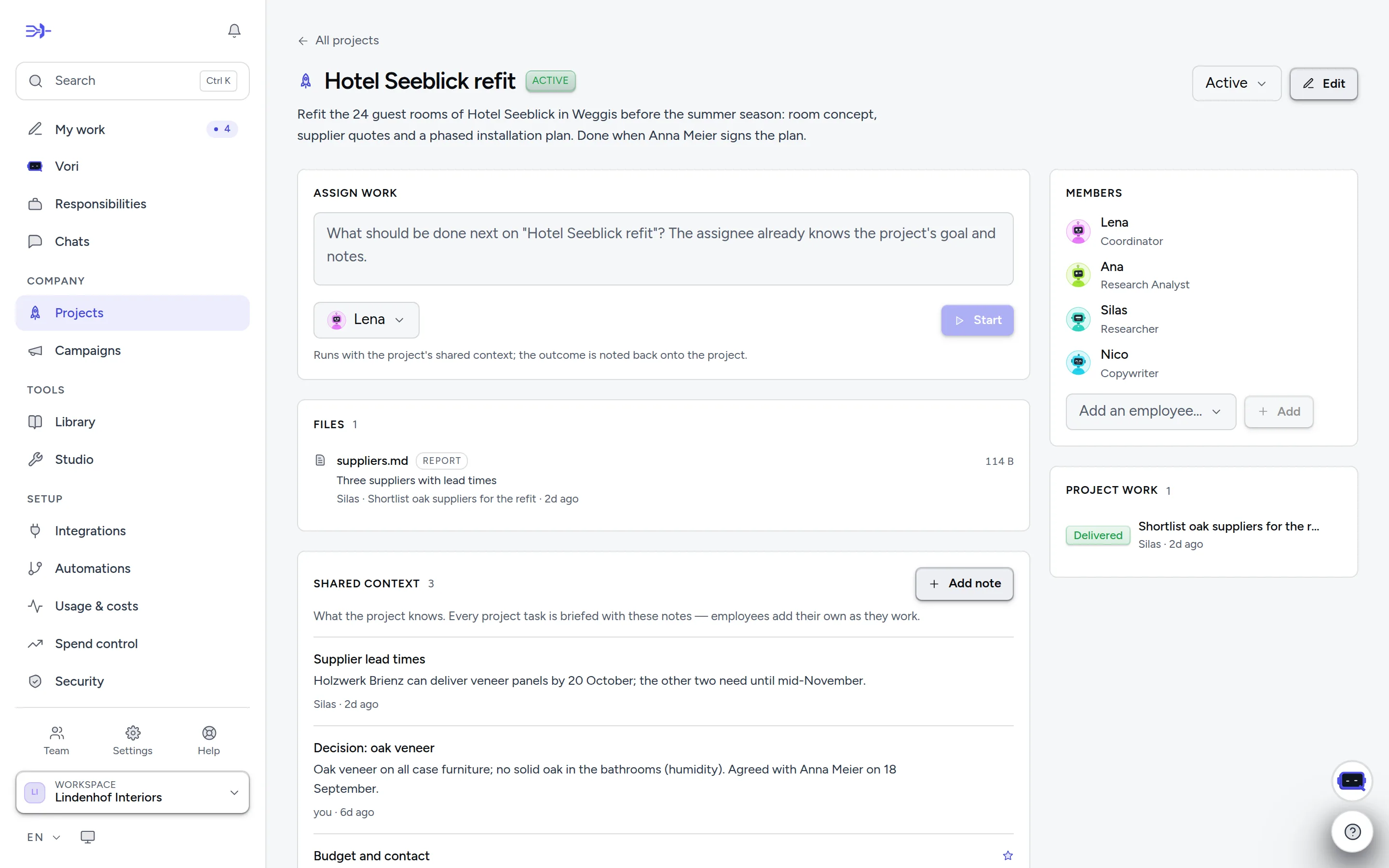 Projects: one goal, several employees, shared context