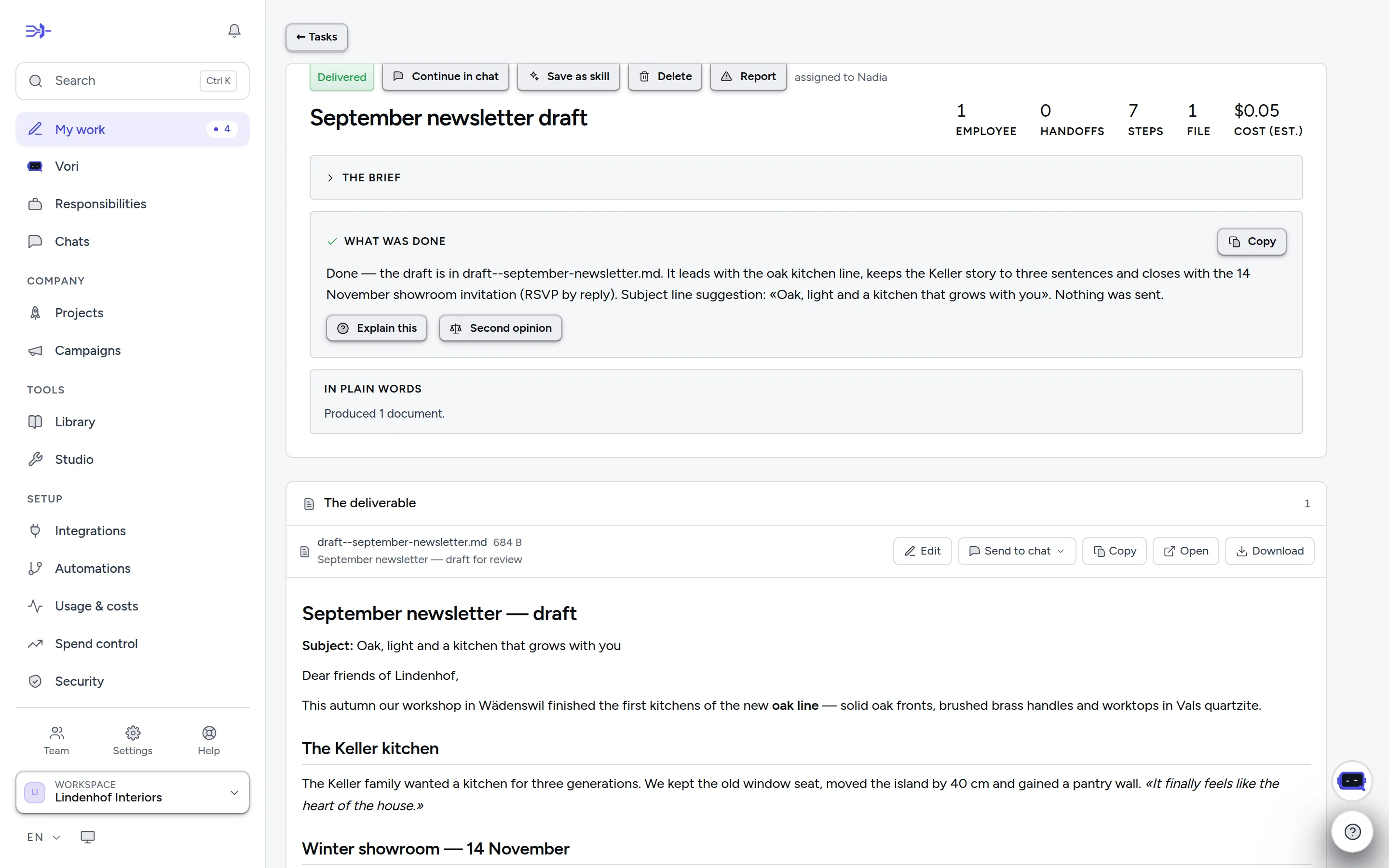 A run: the brief, the result and the deliverables