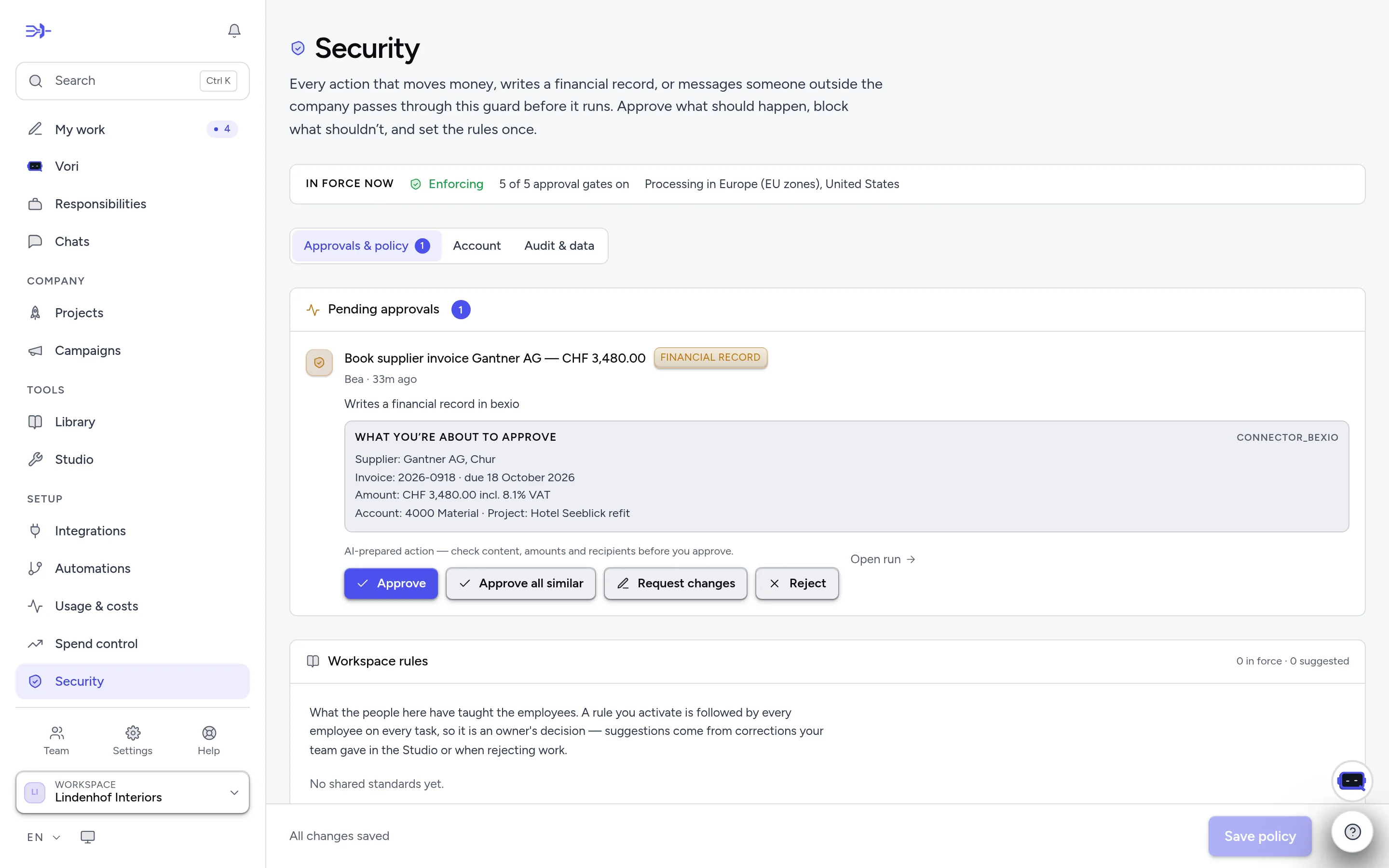 The Security page: policy, approvals and permissions in one place