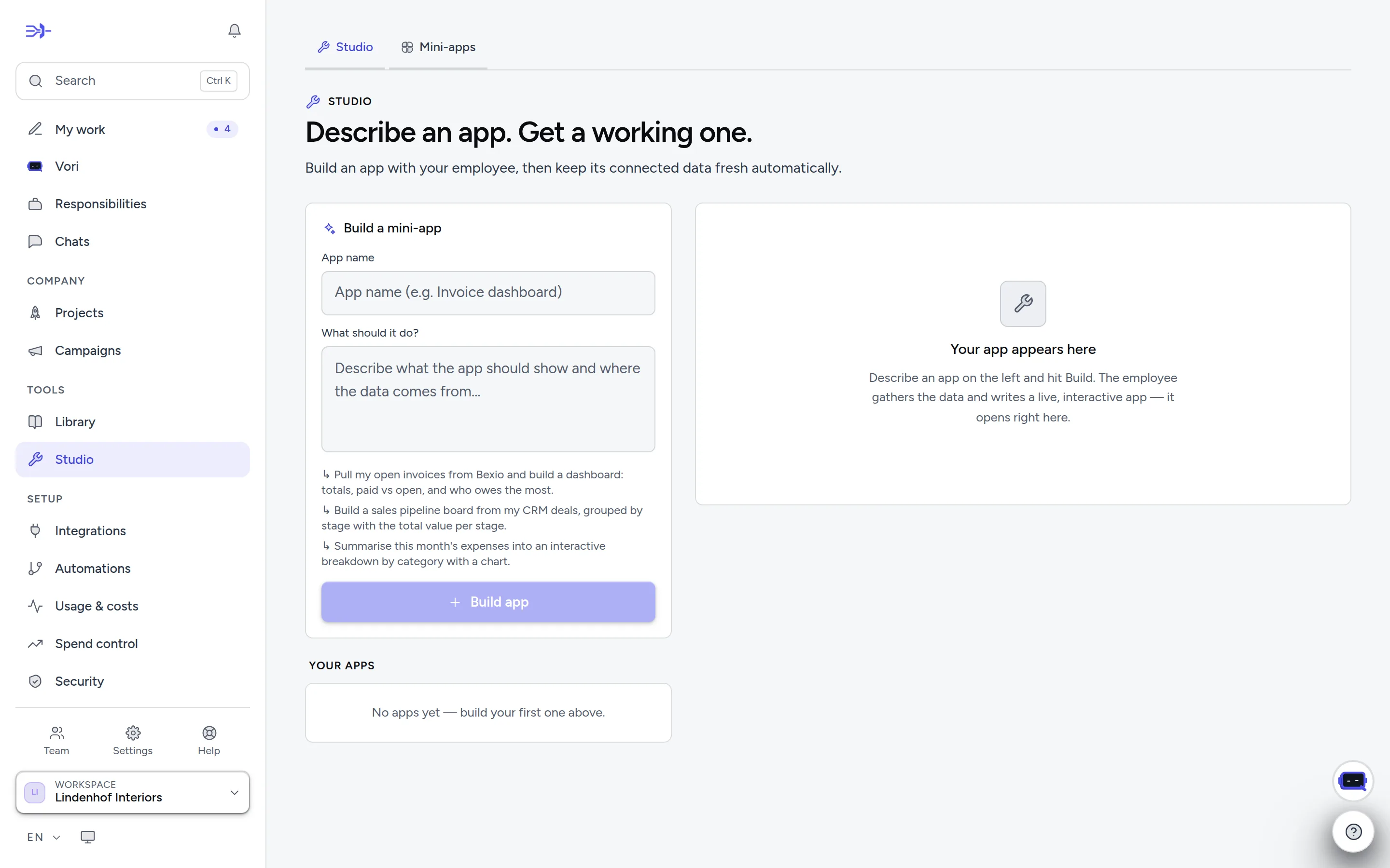 The Studio: describe a tool, get a working mini-app