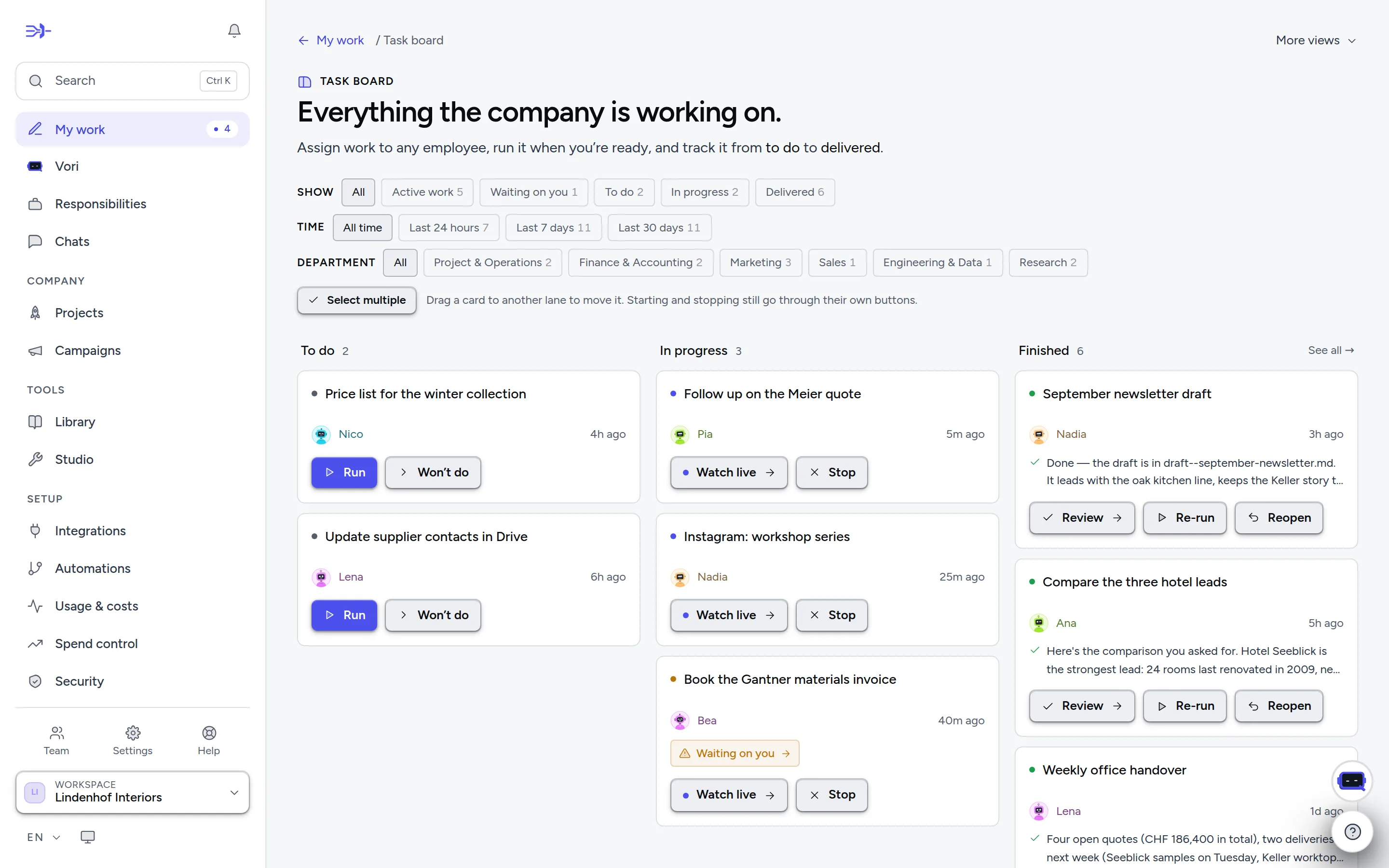 The task board: queued, running and finished work