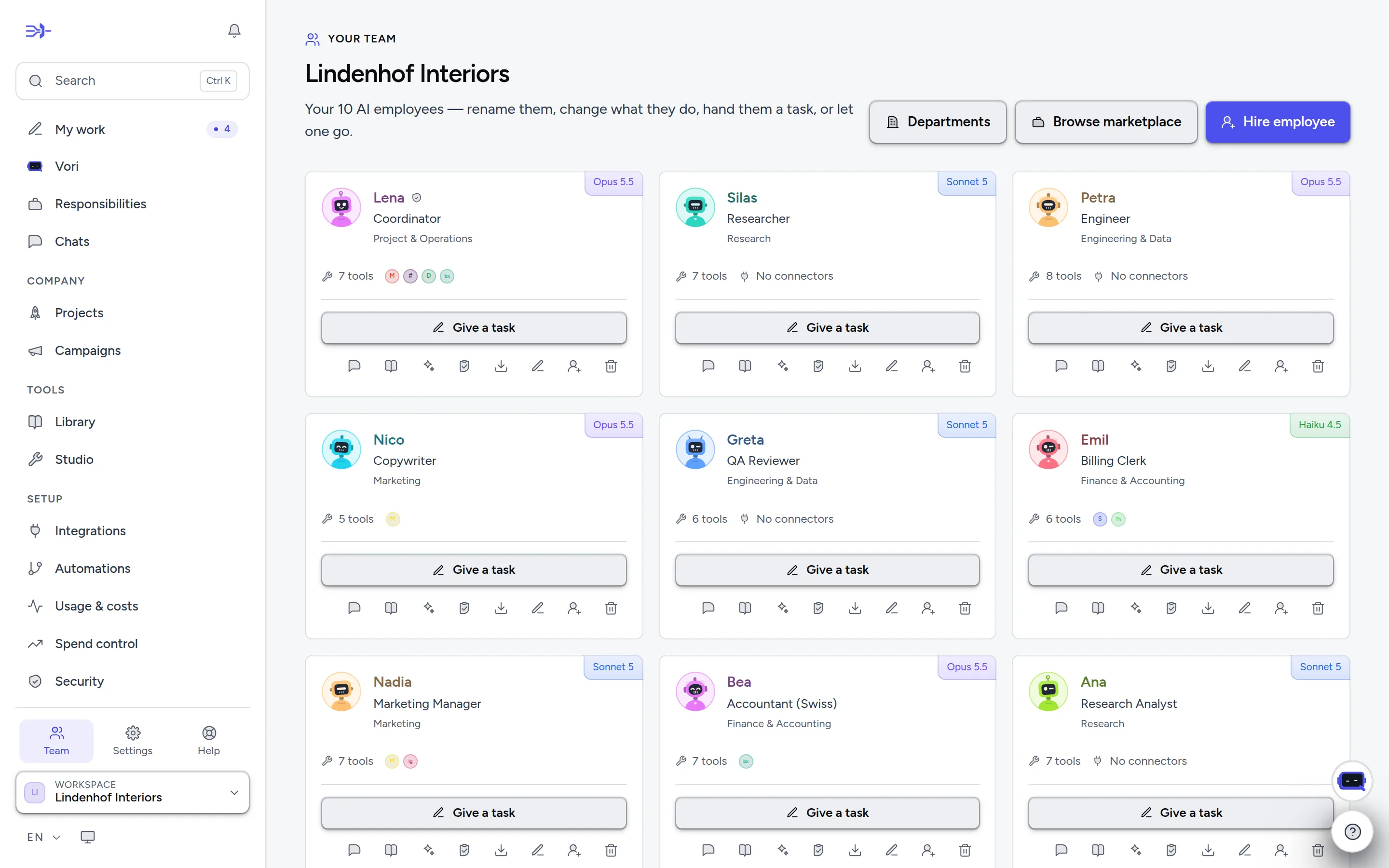 The Team page: your employees, their roles and departments